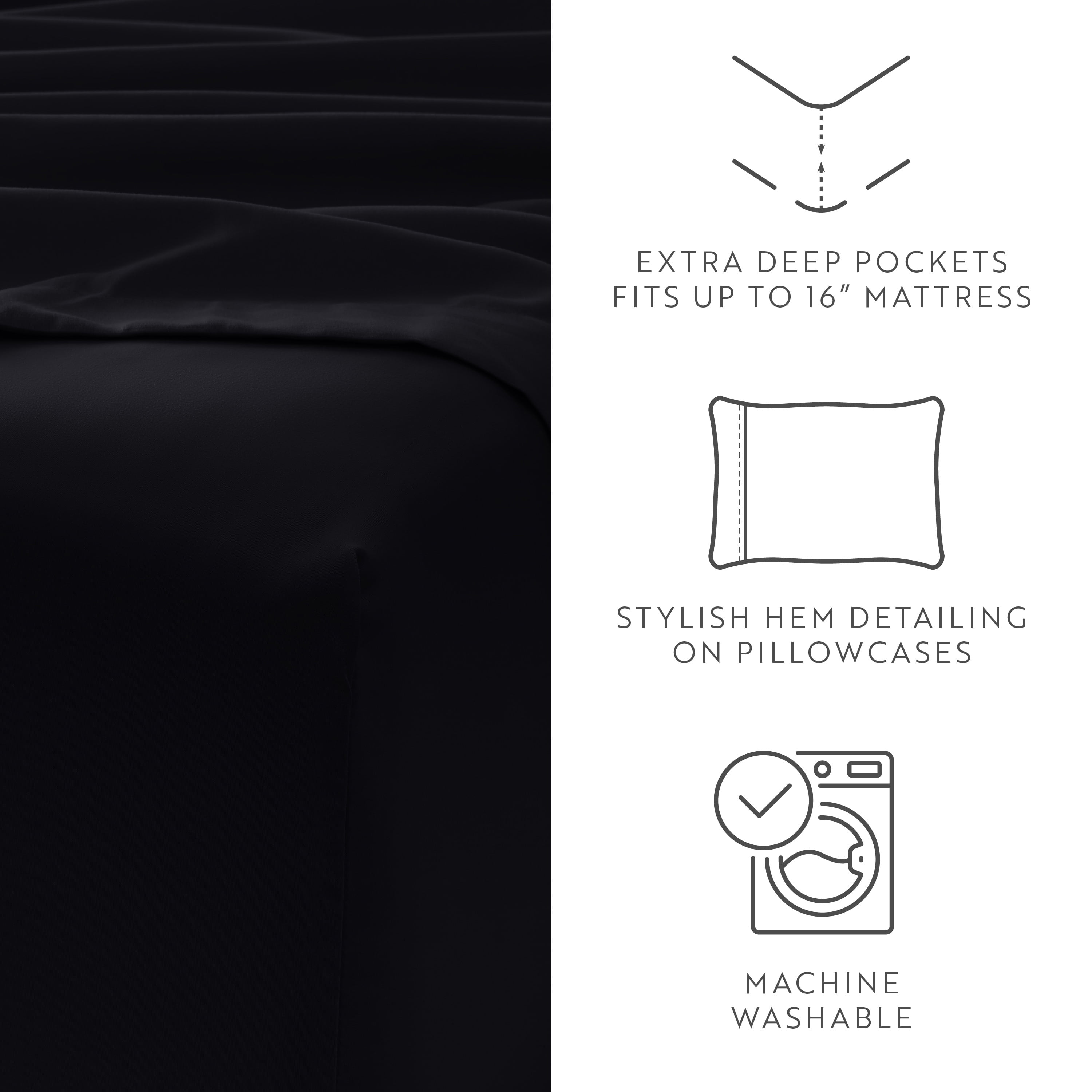 Queen, Black Solid Microfiber 6 Piece Bed Sheet Set, by Noble Linens