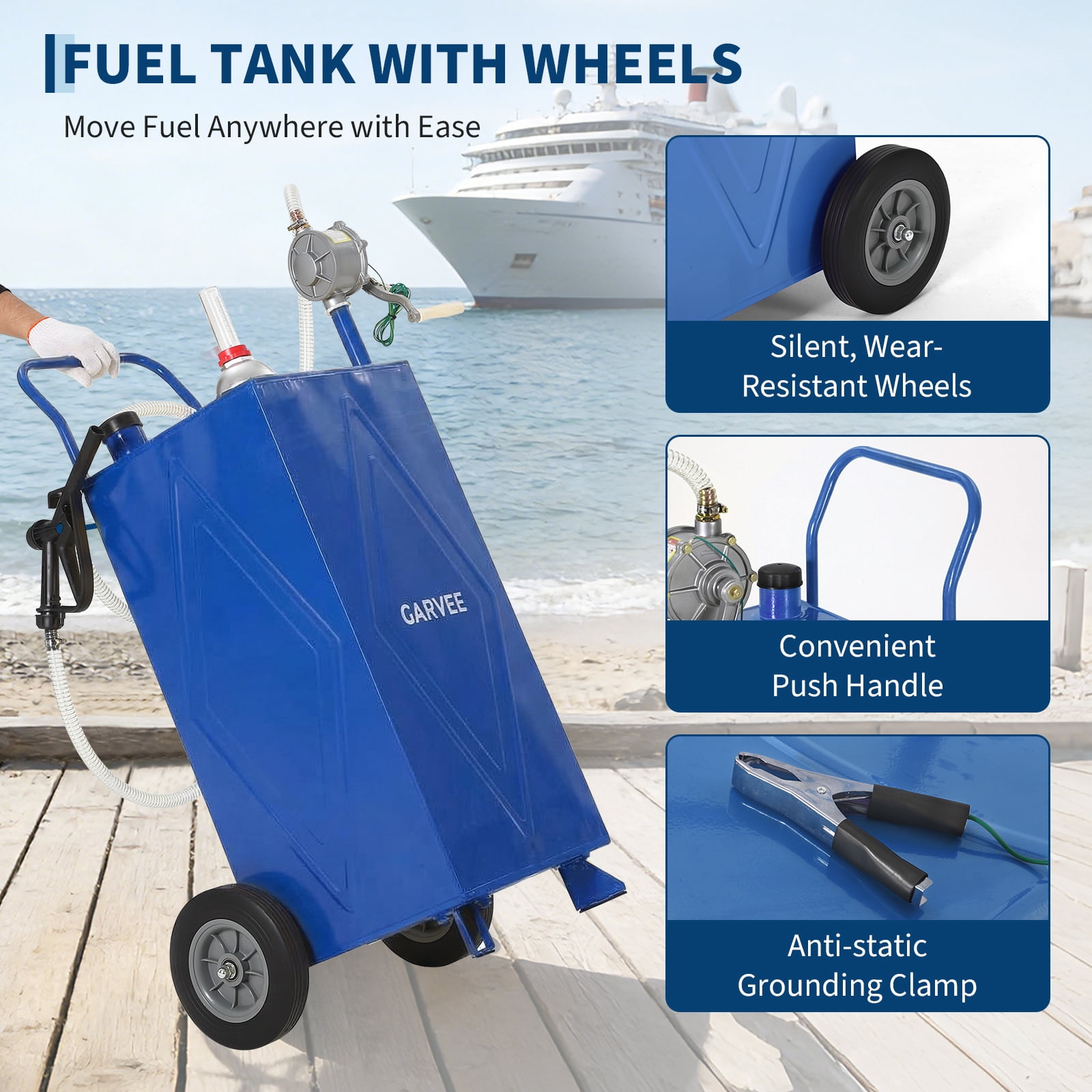 Garvee 35 Gallon Fuel Gas Caddy Storage Tank,Portable Fuel Transfer Tank with Smooth-Rolling Wheels, Manual Hand Crank Transfer Pump,Blue