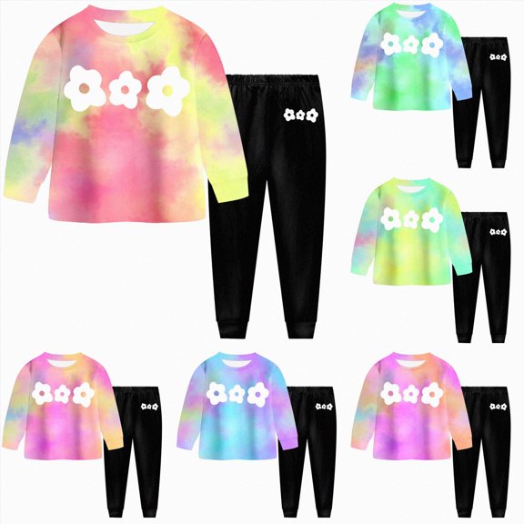 3-4 Years Child Little Girls Clothes Set Ribbed Cotton Shirt Tops Plaid Long Pants 2pcs Kids Toddlers Outfits Tie Dye Long Sleeved Pants Girls Pink Tracksuit