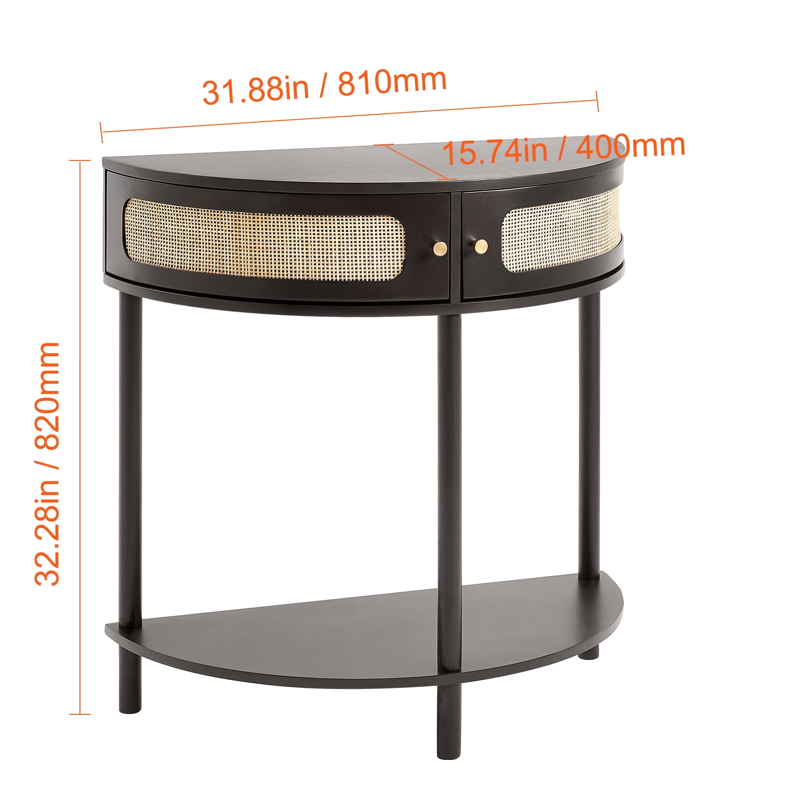 KFFKFF Semi-Circle Rattan Accent Table with Dual Drawers, Entryway Rattan Table Featuring Sliding Natural Rattan Door, Storage-Friendly Table for Lounge, Study, Foyer, or Media Wall, in Black