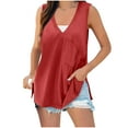 thumbnail image 2 of Womens Tank Tops Plus Size under $5 Sleeveless V-neck Pocket Summer Side Split Solid Color Loose T-shirt Tank Red M, 2 of 6