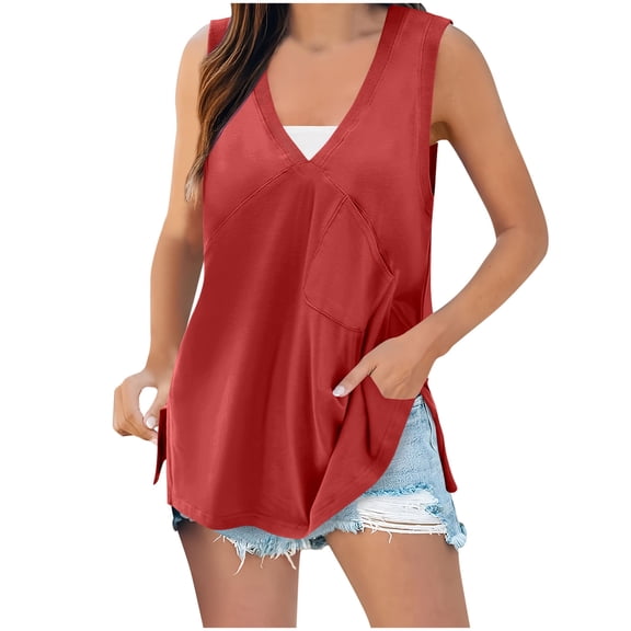 CheerKidz Women's V-Neck Side Split Tank Tops Solid Color Pocket Loose T-Shirt Summer Casual Breathable Comfortable Streetwear(Red,M)