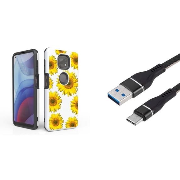 Bemz Accessory Bundle for Moto G Power (2021) Case with: Dual Shield Slim Rugged Hybrid Protective Cover, Fast Charging Sync USB-C to USB-A Cable (3 Feet) and Touch Tool - Sunflowers