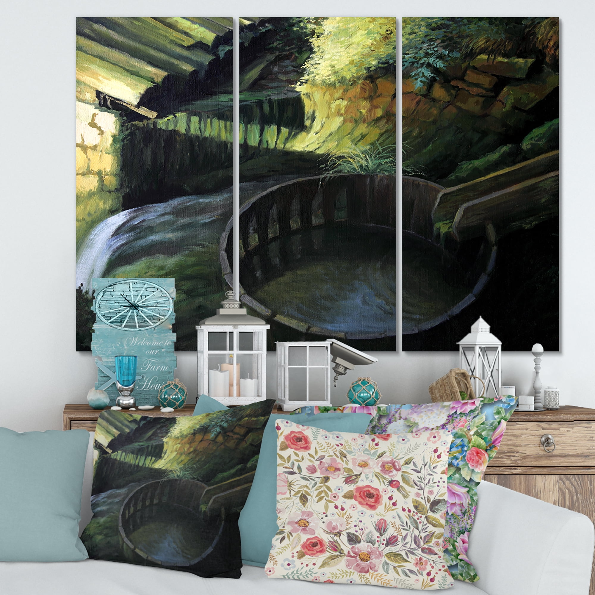 Designart ' Old Watermill In Green Nature Landscape ' Lake House Canvas Wall Art Print