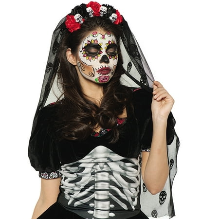 Day Of The Dead Mantilla Adult Sugar Skull Headband With Attached Veil