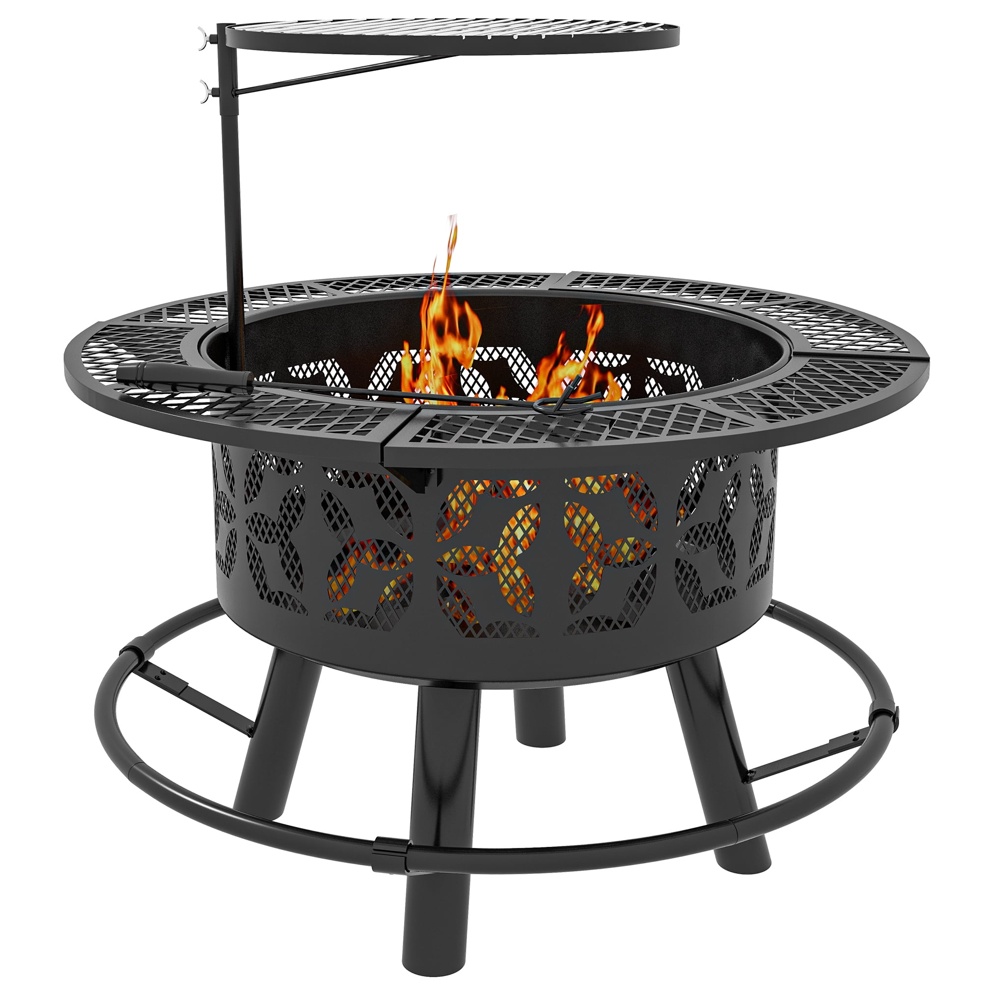 Aimee Lii 33" Portable Wood Burning Firepit with Adjustable Cooking Grate, Pan and Poker, 2-in-1 Fire Pit BBQ Grill, Camping Bonfire Stove for Backyard, Patio, Picnic, Black