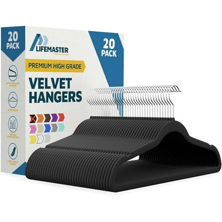 Lifemaster Velvet Clothes Hangers – With 360 Degree Swivel Hook & Non-Slip Shoulder Notch, Holds Up To 10 lbs, Heavy Duty Hanger Set, For Organizing Suit, Dress, Coat, and Clothes, Pack of 20, Black