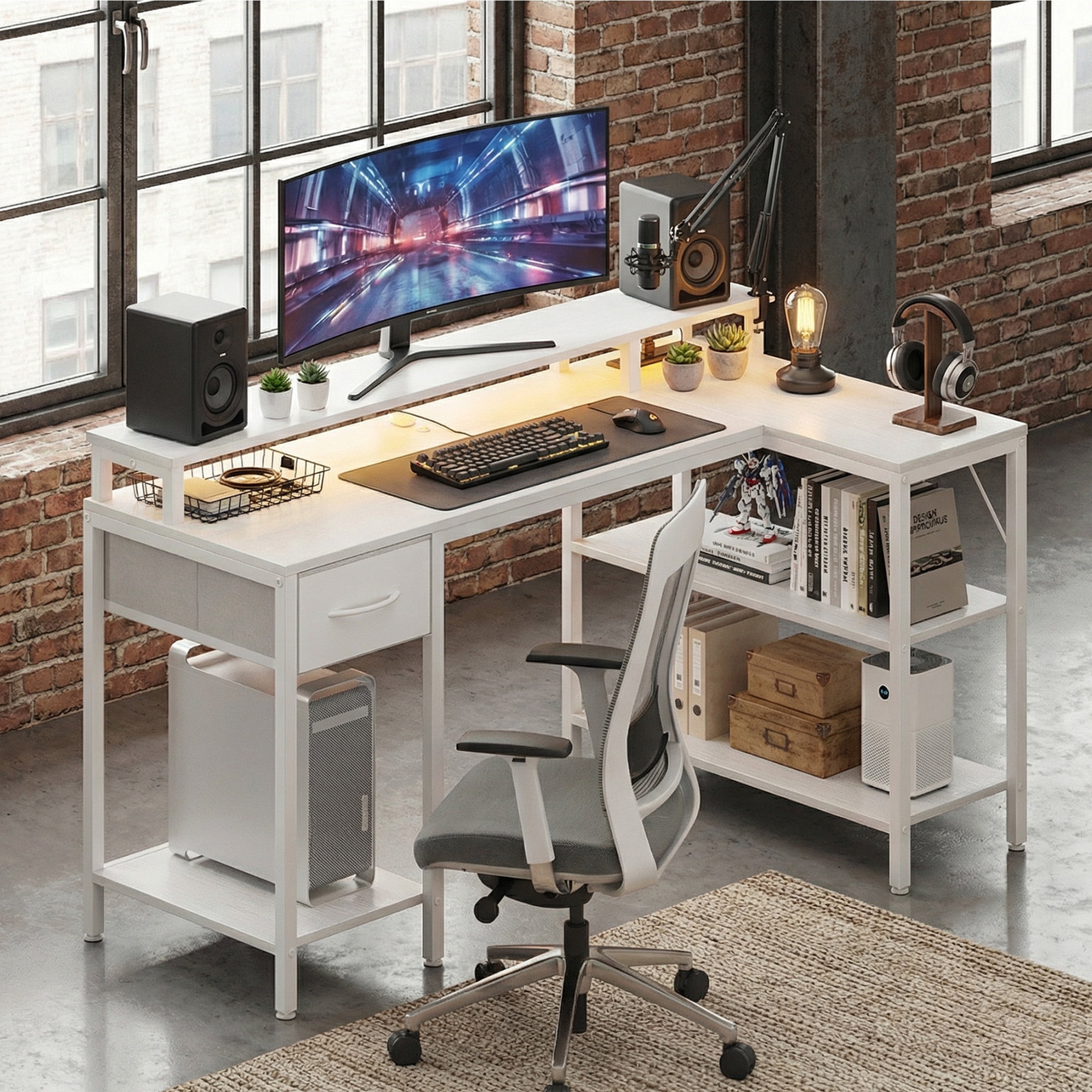 CONCETTA 47 inch L-Shaped Gaming Desk, Reversible Design with LED Lighting, Power Outlets and Double-Tier Storage, White for Home Office