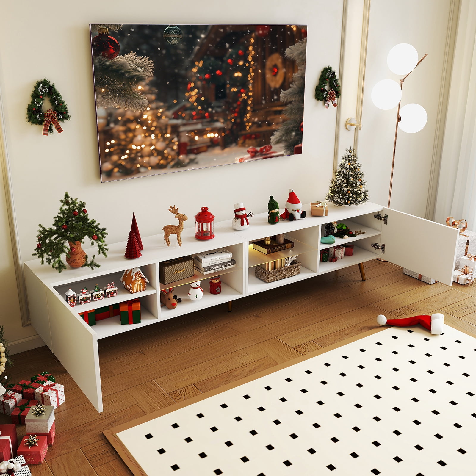 Bonzy Home 86" TV Stand, Television Console Table for 85" TV, Modern Entertainment Center with Storage Cabinets for Living Room, White
