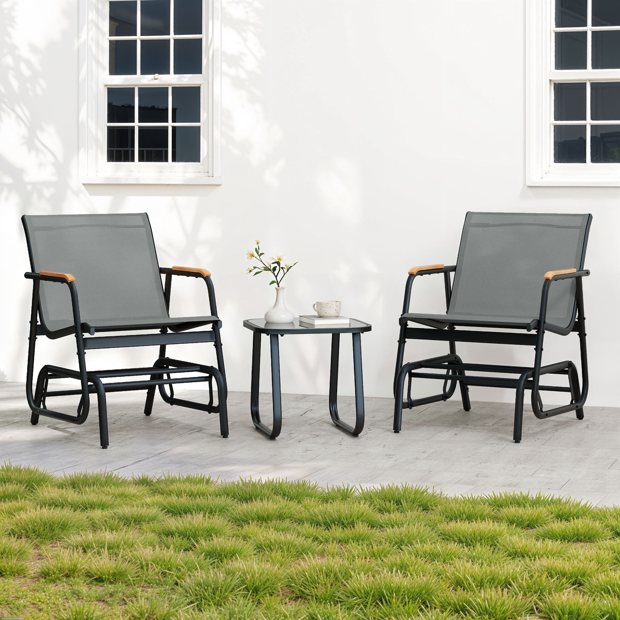 Uforic 3-Piece Patio Furniture Set, Outdoor Textilene Glider Bistro Set with 2 Glider Chairs & Tempered Glass Coffee Table, Heavy Duty Outdoor Seating Set for Backyard, Garden, Balcony, Gray