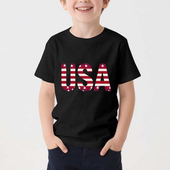 ITSAME Boys 4th of July T-Shirt, Round Neck USA Print Short Sleeve Independence Day Patriotic Graphic Tee Black Size 9-10T