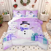 Homewish Cartoon Winter Snowman Bedding Comforter Set for Kid, Santa Claus Gifts Twin Comforter Sets, Dreamy Purple Christmas Reversible Bedding Set, Microfiber Bedroom Decor, 2 Pieces