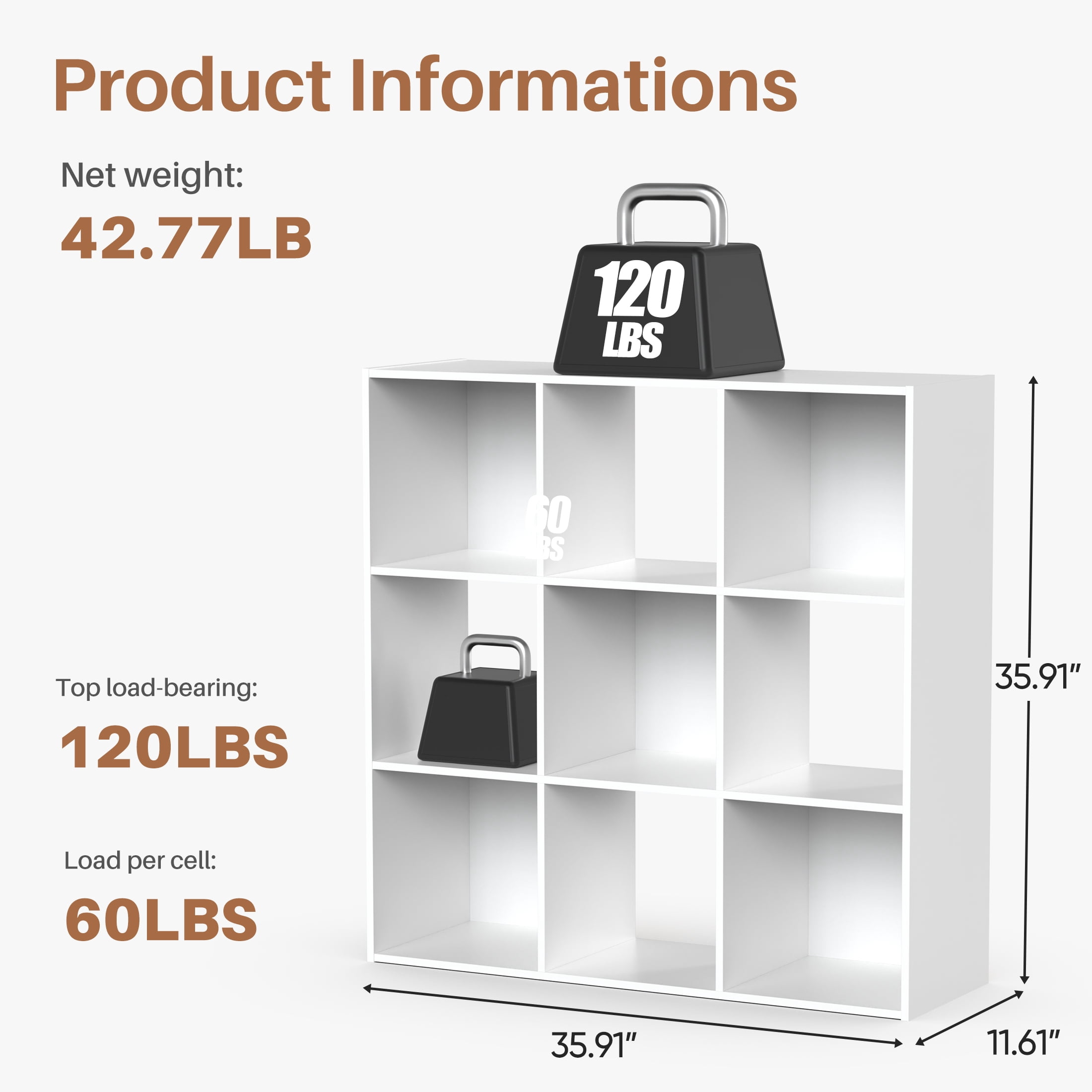 CONCETTA 9 Cube Storage Organizer, Open Corner Bookshelf with Removable Back Panels for Living Room Bedroom Office, 36*12*36 inches,White