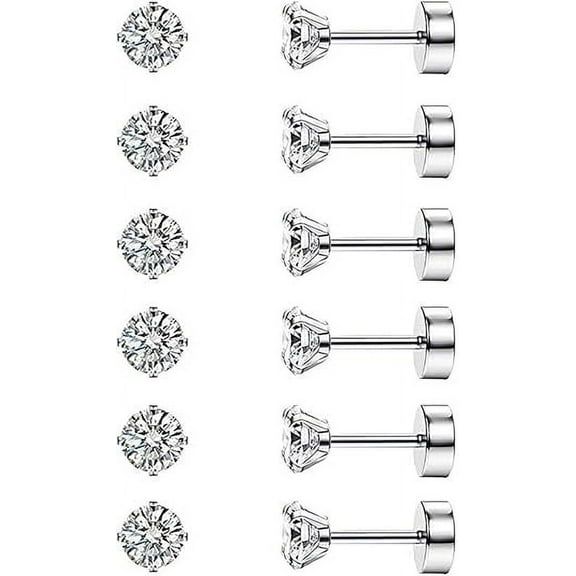 Nmkwnr 6 Pairs 14K Plated Flat Back Earring 316L Stainless Steel Stud Earrings Cubic Zirconia Earring Stud for Women Men, Silver, 5MM