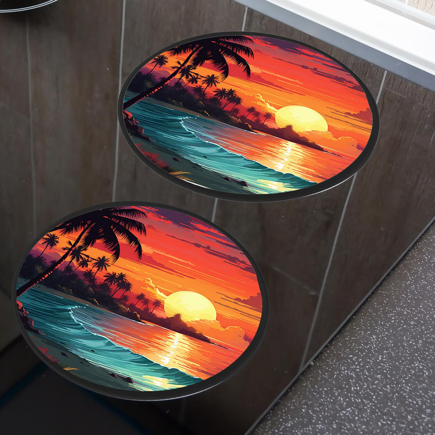 Round Stove Burner Covers 4 Pcs,Orange Sunset View Seashore Beach Palms Tree Lovely Round Electric Stove Burner Covers 8Inch And 10Inch