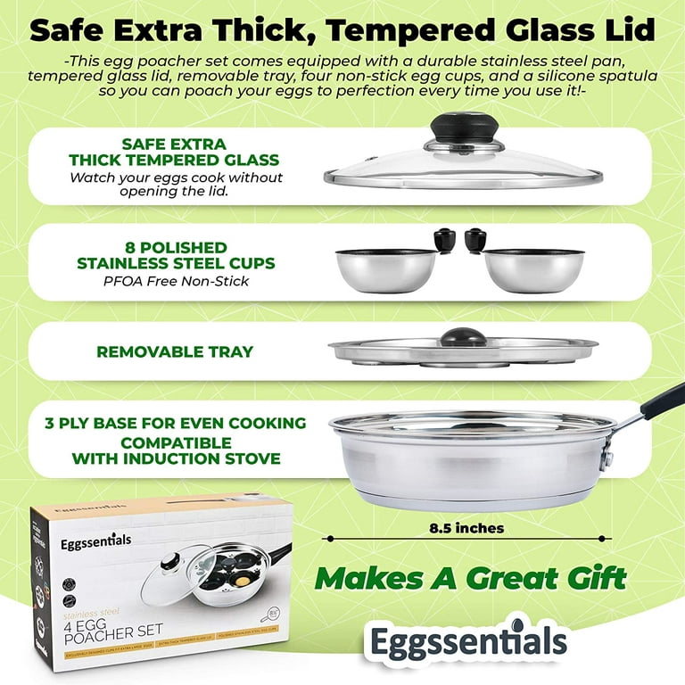 Eggssentials Stainless Steel Egg Poacher Pan Non Stick Poached Egg Cooker  with Spatula and 4 Extra Cups