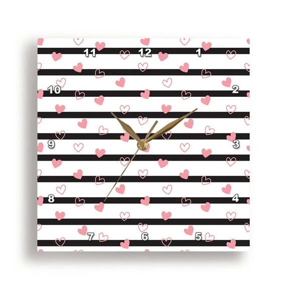 3dRose, Glamour Valentines Day pattern of black lines and pink hearts gift, 15x15 Wall Clock
