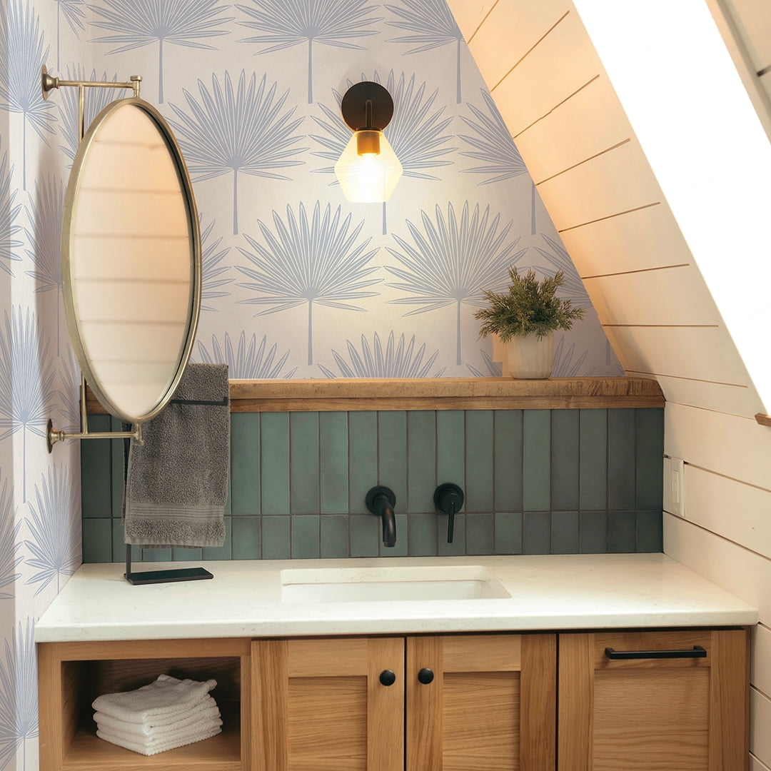 Stamped Palm Blue and Off-White Peel and Stick Wallpaper, 20.5" x 16.5'