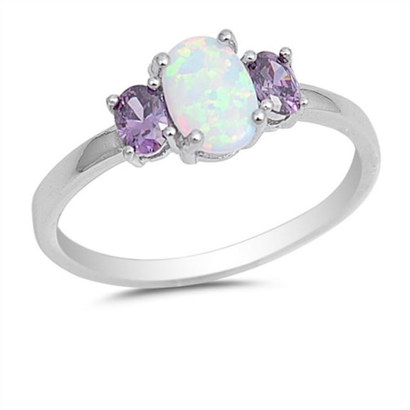 Three Oval Cut White Simulated Opal & Simulated Amethyst Cubic Zirconia Ring Sterling Silver Size 10