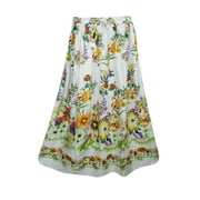 Mogul Bohemian Womens Skirt White Floral Print Cotton Blend Gypsy Hippie Chic Tiered Long Skirts