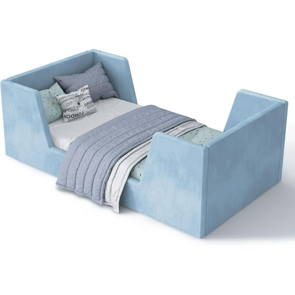 Toddler Bed Frame, Children Wood Toddler Bed for Ages 18 Months Old Kids with Removable Safety Guard Rails, Low to Ground Design, Certified Fabric Beds (Blue)