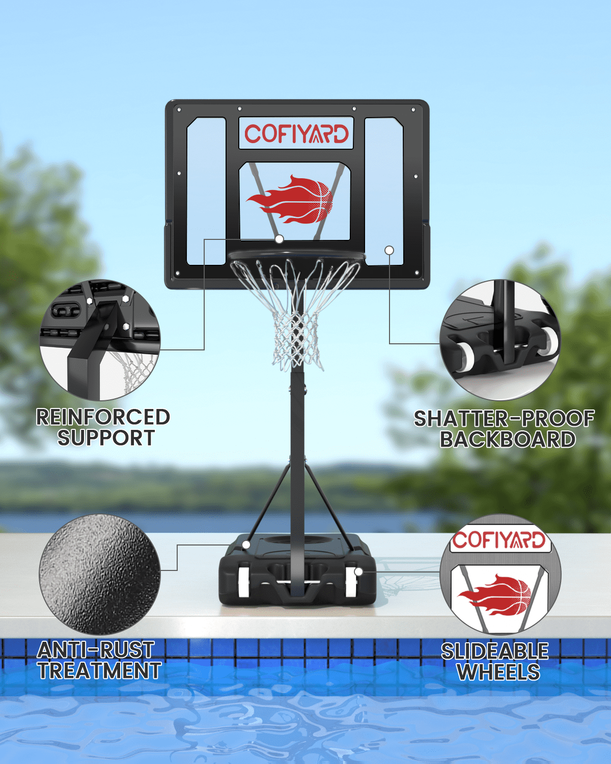 Cofiyard Swimming Pool Basketball Hoop, 32" Shatterproof PC Backboard, Adjustable Poolside Basketball Goal with 2 Balls Outdoor for Teens Adults