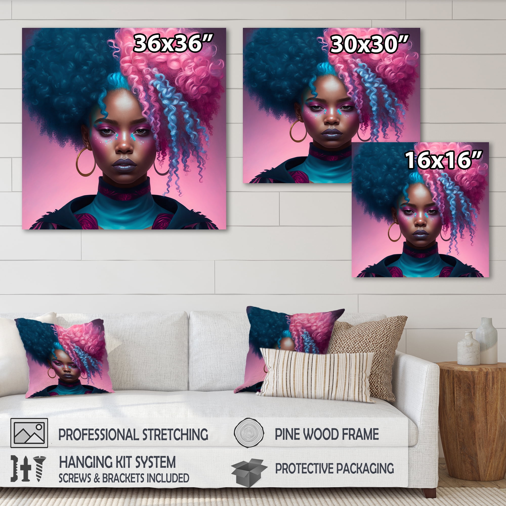 Designart Hip Hop Girl With Pink And Blue Hair III Canvas Wall Art