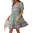 thumbnail image 3 of Seyurigaoka Womens Boho Print Midi Dress Summer Bohemian V Neck Short Sleeve Skirts Floral Beach Dress Flowy Swing Casual Sundress, 3 of 9