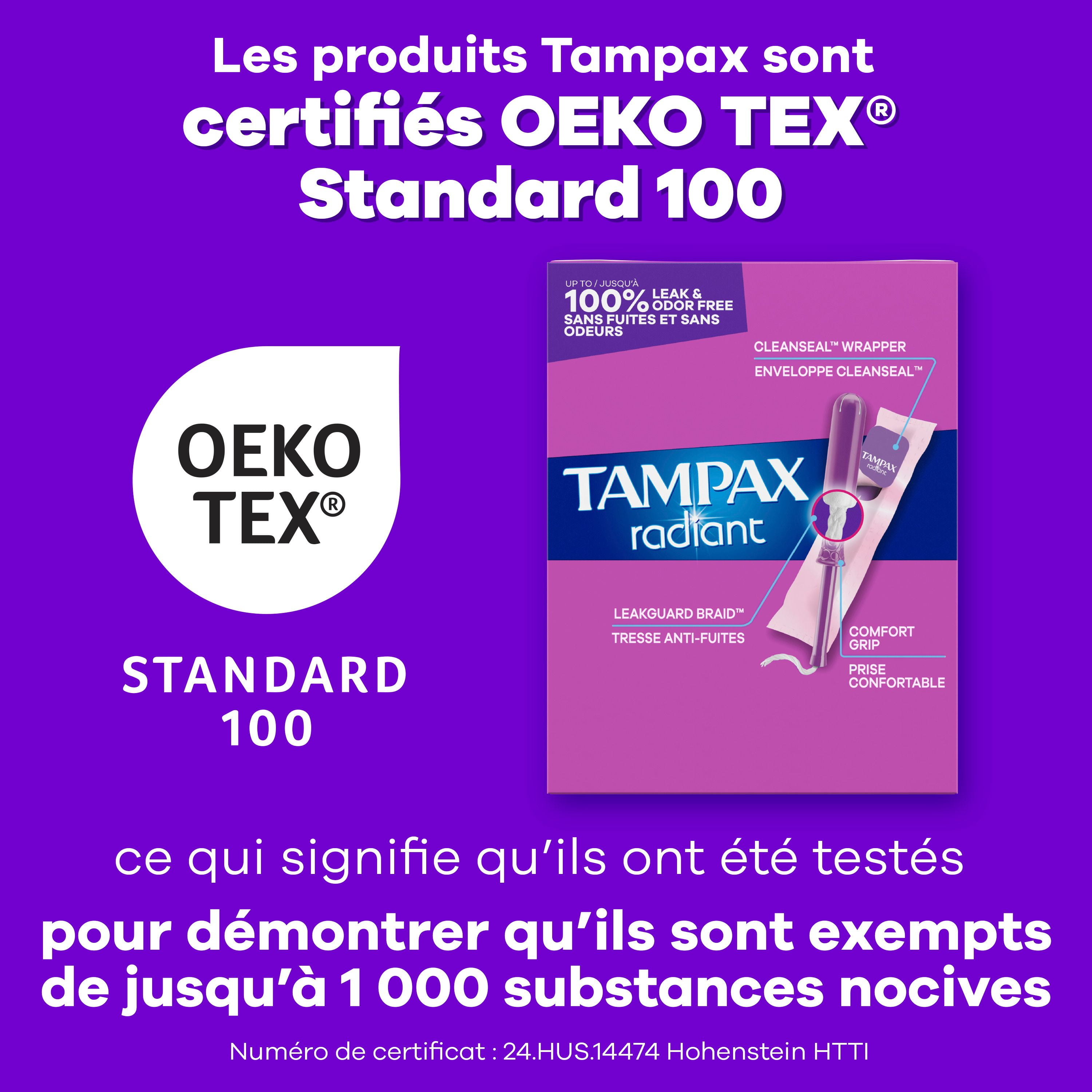 Tampons Tampax Radiant, avec tresse anti-fuites LeakGuard, degrés d’absorption régulier/super, emballage multiple, non parfumés, 28tampons 28 tampons