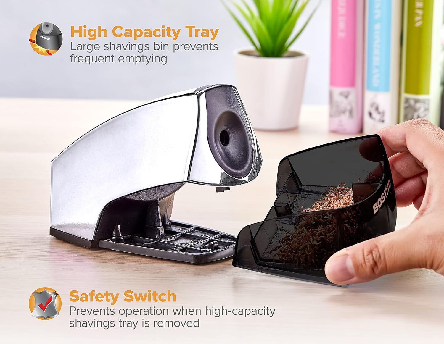 Office Electric Pencil Sharpener for Classroom & Desk Use, Heavy-Duty Stall-Free Motor, High-Capacity Shavings Tray, Chrome
