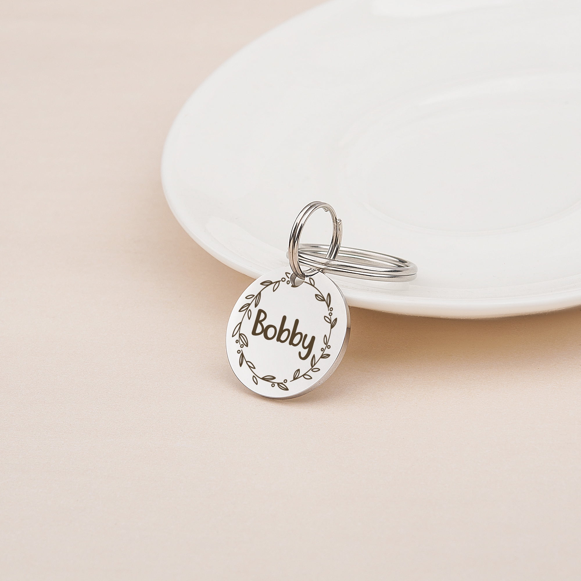 Anavia Stainless Steel Metal Round Name - Boarder Birthday Holiday Christmas Engraved Dog Cat ID Tag, Silver