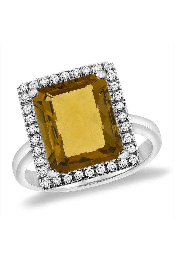14K White Gold Natural Whisky Quartz Ring Diamond Accent 12x10 mm Octagon, size 6