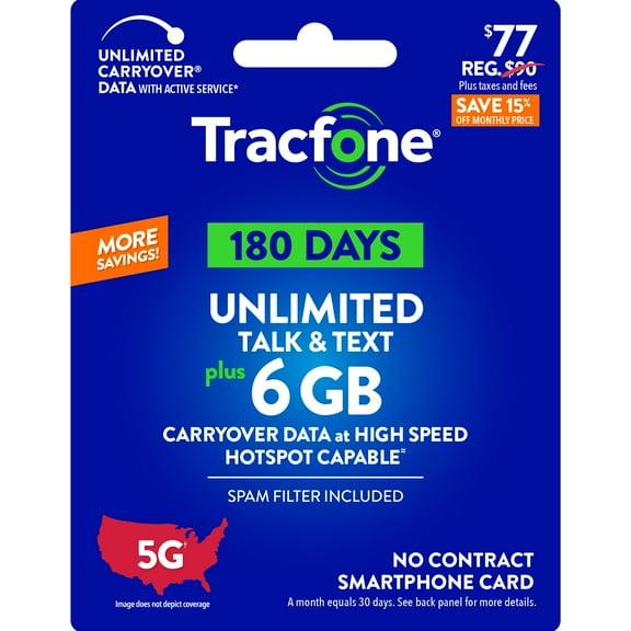 Tracfone $77 Unlimited Talk & Text plus 6 GB of Data 180-Day - Prepaid Plan Direct Top Up