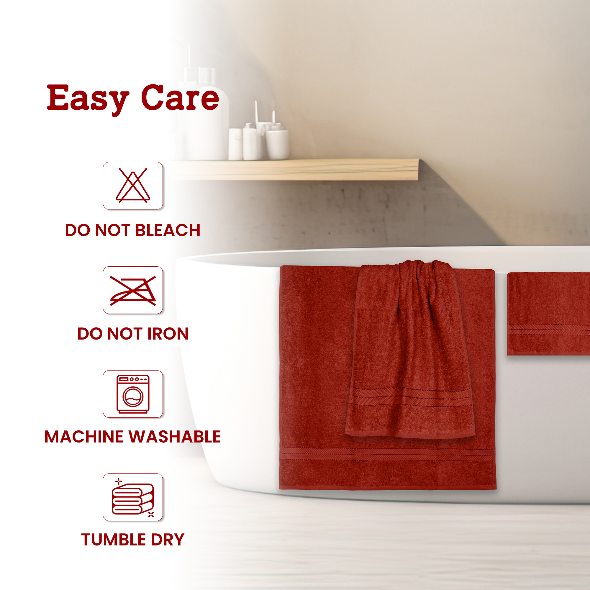 Casa Lino 8Pc Premium Bath Towel Set (2 Bath Towels, 4 Washcloths, 2 Hand Towels) - 100% Cotton, 400GSM & Ultra Absorbent (Red)