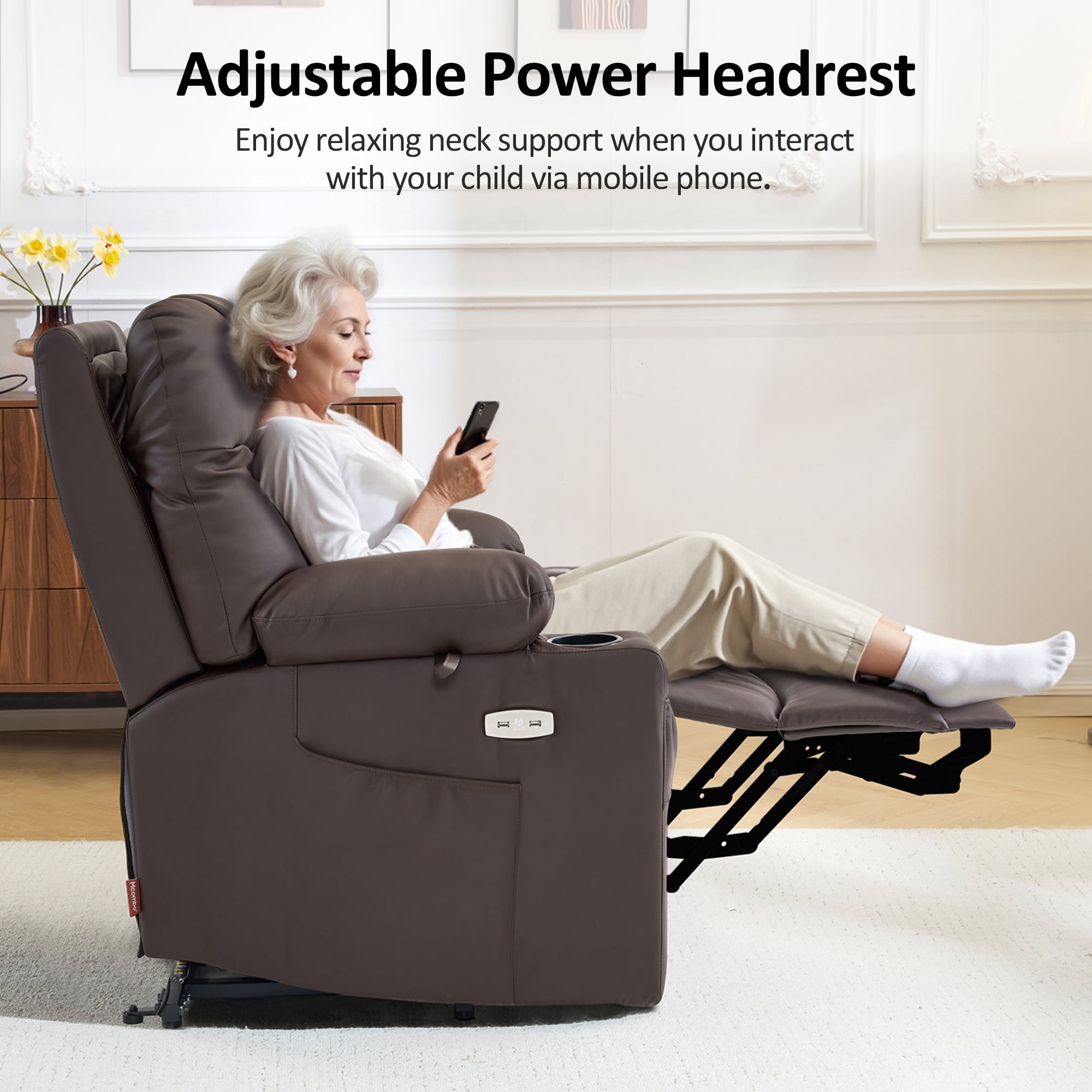 MCombo Small Size Electric Power Lift Recliner Chair Sofa with Massage and Dual Heating, Adjustable Headrest for Elderly People Petite, USB Ports, Extended Footrest, Faux Leather 7111 (Dark Coffee)