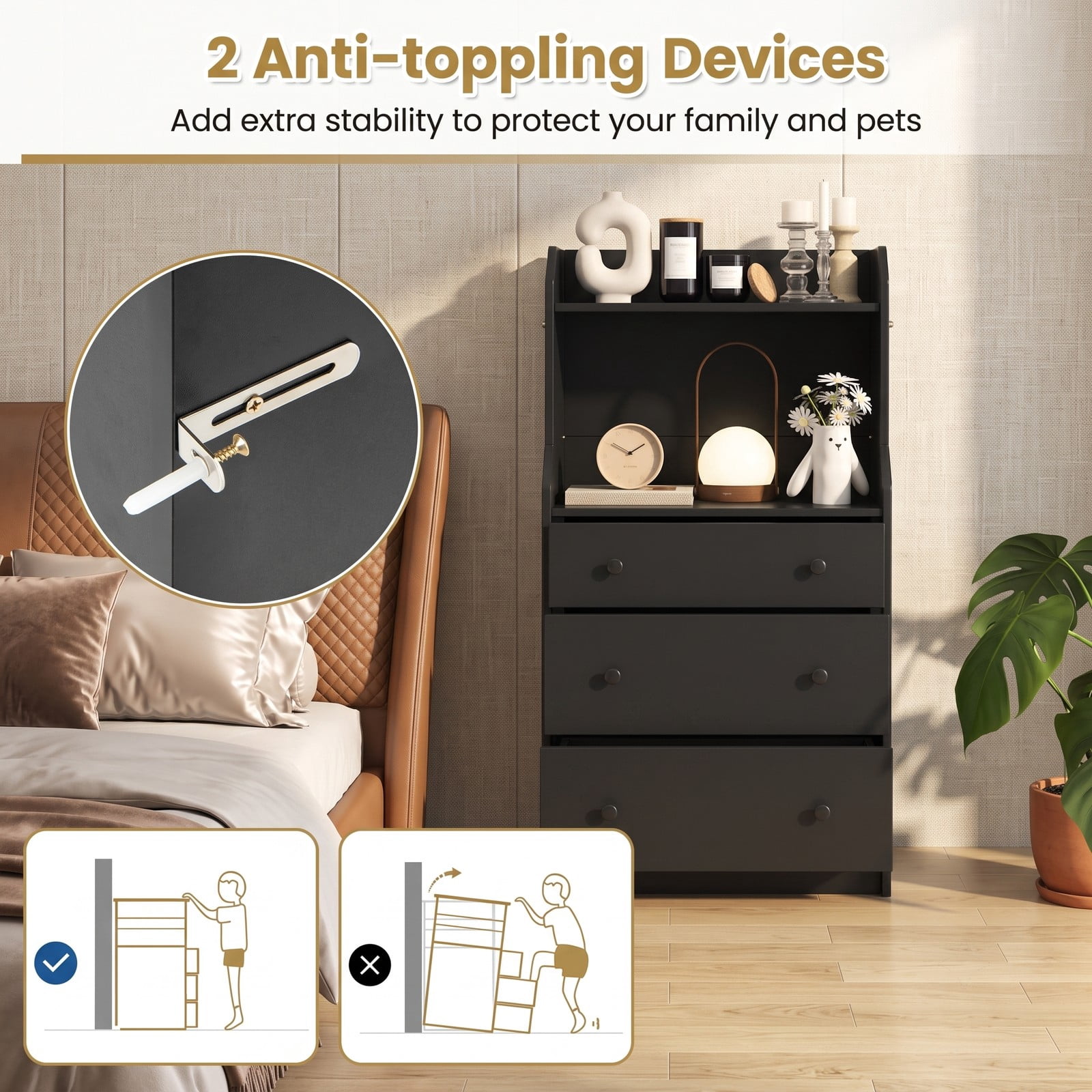 Furnibear 3-Drawer Storage Dresser with Open Display Shelves and Anti-Toppling Device for Bedroom Nursery and Entryway, Black