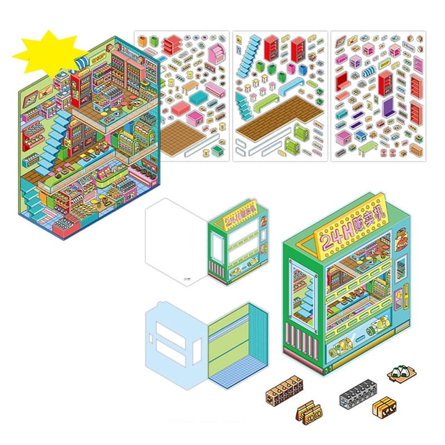 Autocollant 3D DIY Scène 8 Autocollants 3D DIY Créez Votre Propre Mini Scènes de Chambre Autocollants Miniatures 3D Dessin Animé Livre Autocollant 3D pour Adultes Enfants Anti-Stress