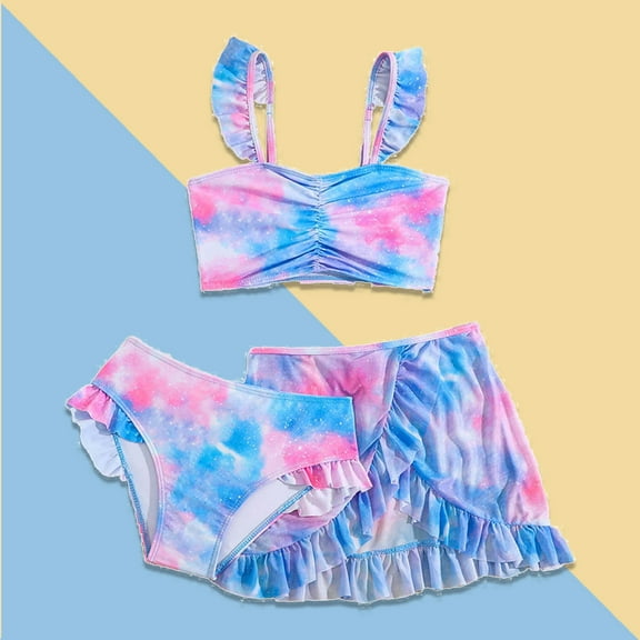 Girls Swimsuit Set 3 Piece Beach Bikini Swimsuits Set with Cover up Skirt Cute Printed Kids Bathing Suits 7-8 Years