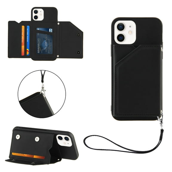 Dteck For iPhone 12,Shockproof Wallet Stand Card Slots Wristband PU Leather Case Cover,Black