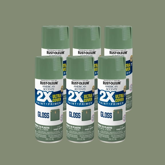 6 Pack, Sage Green, Rust-Oleum American Accents 2X Ultra Gloss Spray Paint-376180, 12 oz