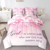 Manfei Glitter Print Twin Bedding Sets 7-Piece,Romantic Theme Bedding Comforter Set,Pink White Ombre Sheet Sets For Girls,Microfiber Bedroom Decor Reversible