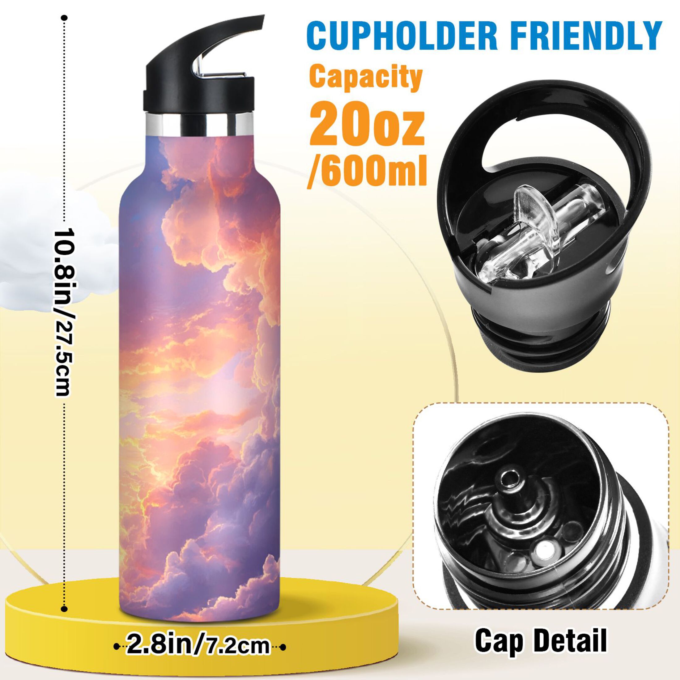 600ML Stainless Steel Insulated Cup Sports Water Bottle Portable Thermos Cup Water Glasses Insulated Tumblers Convenient and Durable Pink Cloud