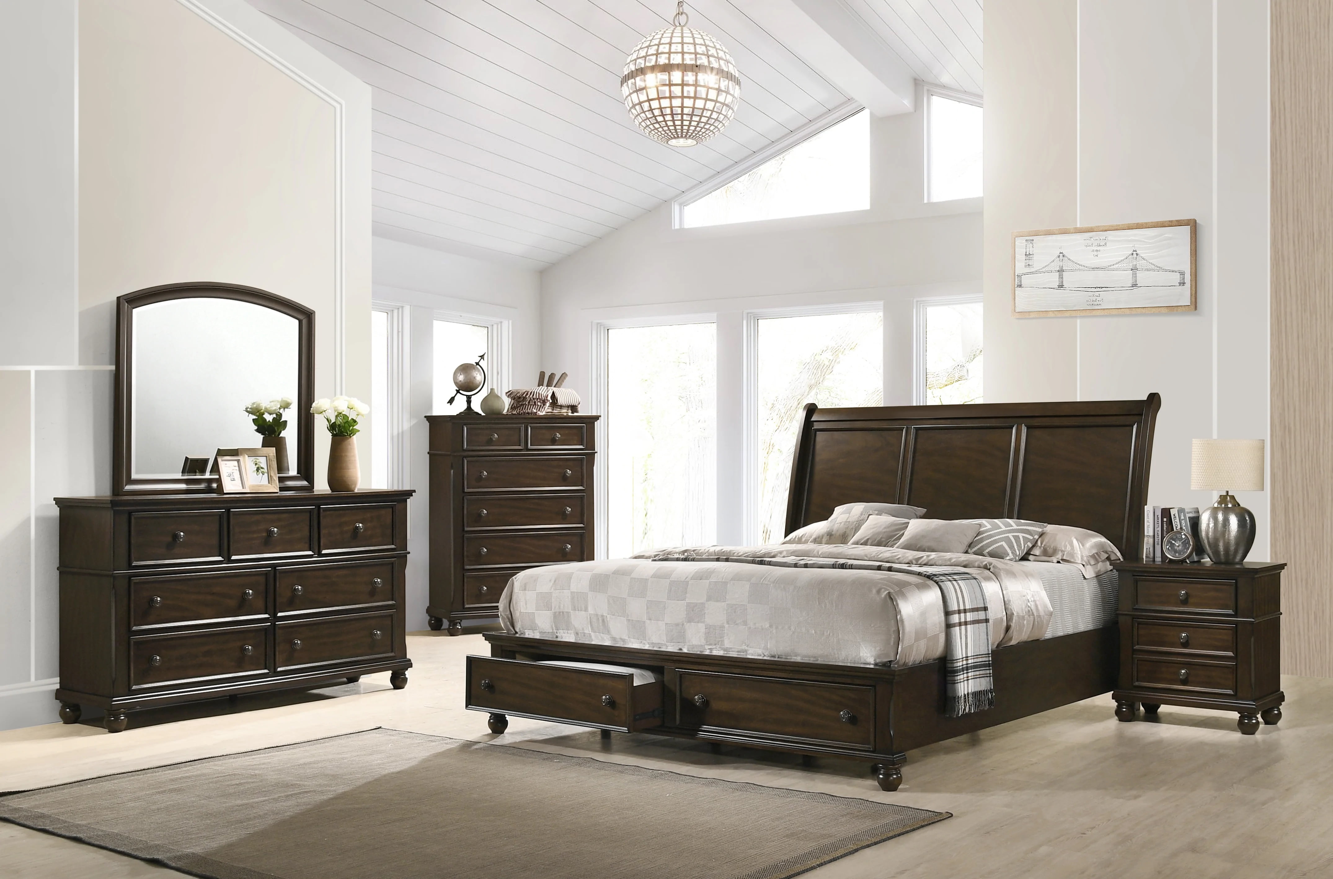 Traditonal Style 4pc Queen Size Bedroom Set Storage Brown Finish Bed
