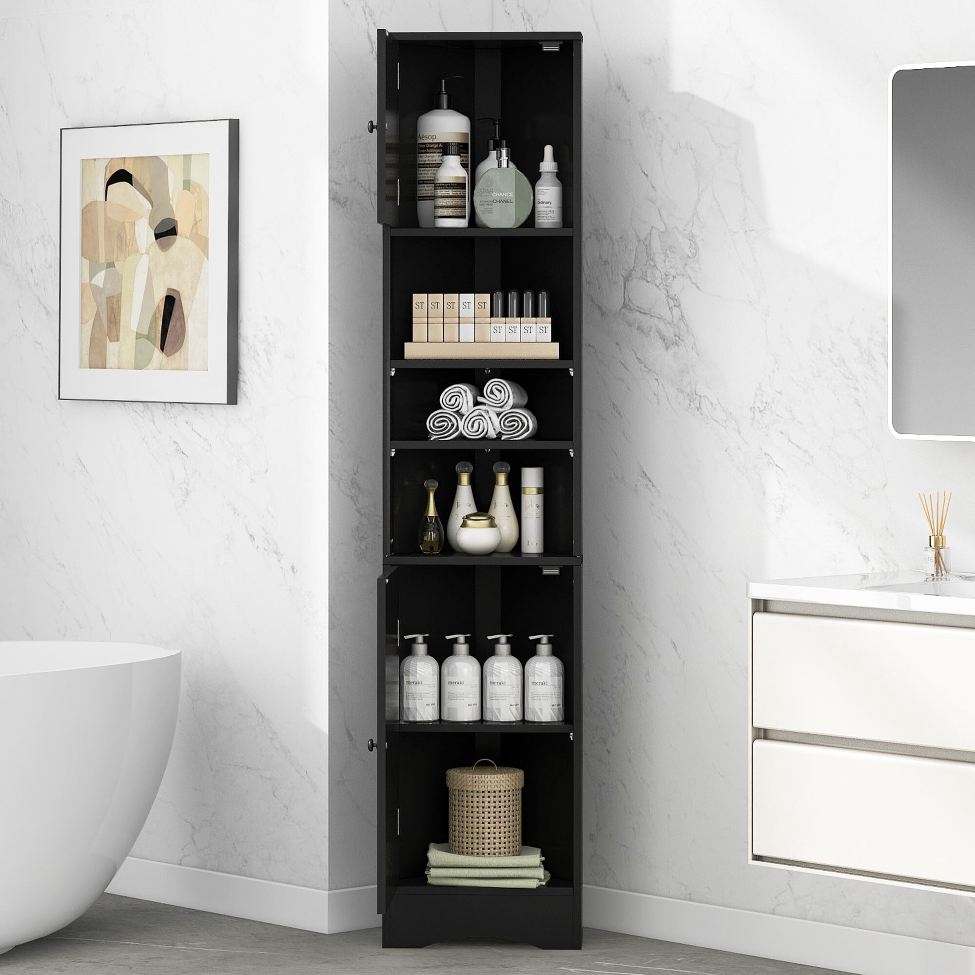 AENKYO 66.9" Corner Bathroom Cabinet with Adjustable Shelves, Tall Space-Saving Organizer for Bathrooms, Black