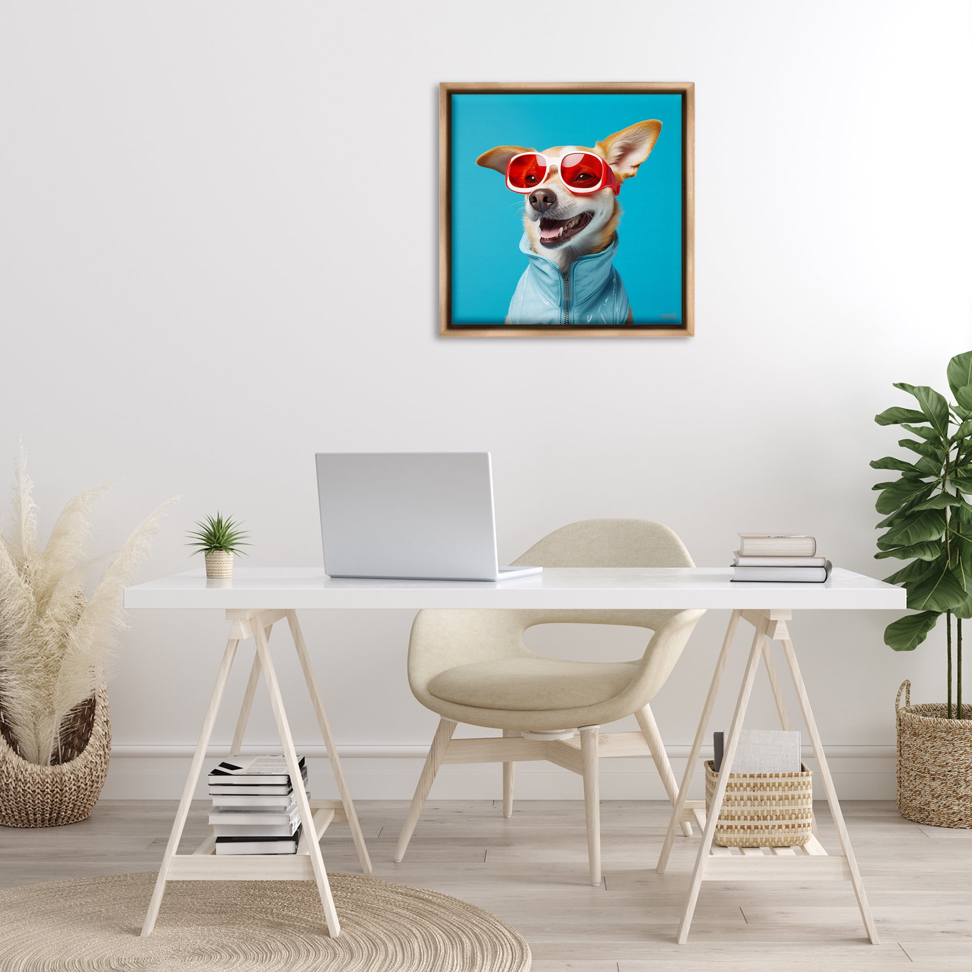 Stupell Industries Stylish Dog on Blue Animals & Insects Painting Brown Floater Framed Canvas Art Print Wall Art, 25 x 25