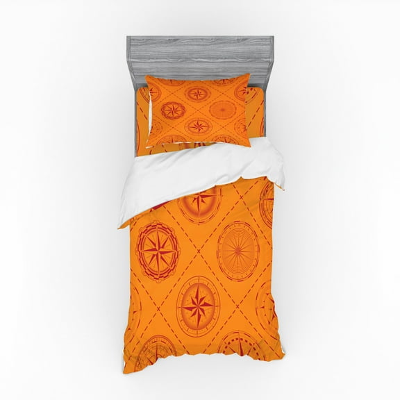 Ambesonne Compass Bedding Set 3 Pcs, Windrose in Rhombuses, Twin, Orange and Vermilion