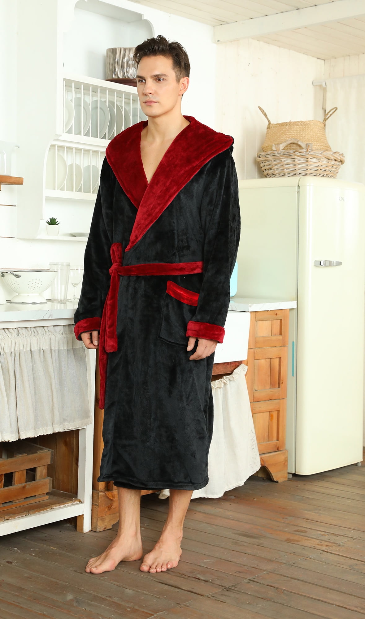 U2SKIIN Mens Fleece Robe with Hood, Mid Length Plush Shawl Collar