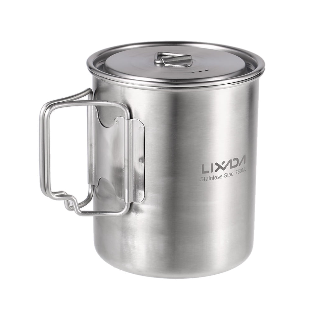 700ml Stainless Steel Camping Cookware Cup Pot with Folding Handle and Lid 