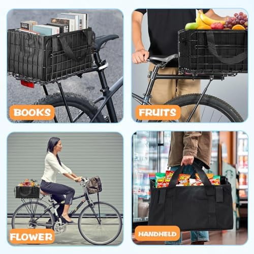 Universal Folding Bike Basket with PU Liner Bag – Waterproof Cover &  Net | Front/Rear Mount Bicycle Basket for Adults – Rear Bike Basket for Groceries, Pets, and More