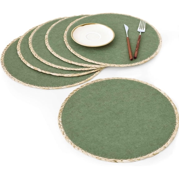 RotHome 15 Inch Round Braided Placemats Set of 4, Hand Woven Washable Table Mats, Heat Resistant Non-Slip Wipeable Thin Edge Place Mats for Kitchen Indoor Outdoor Use, Green
